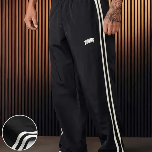Men's Loose Straight Sweatpants - Quick-Dry Polyester, Dual Side Stripe, Drawstring & Elastic Waist, Breathable Athletic Sportswear for Gym & Gym-to-Street Use