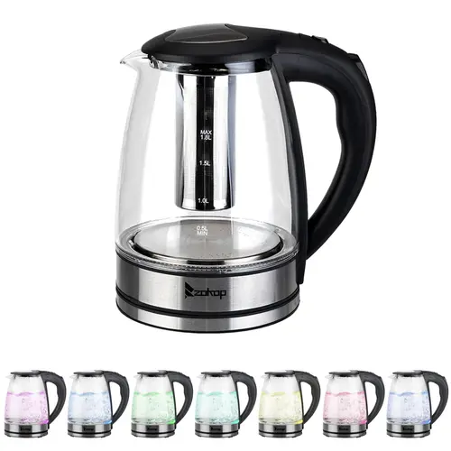 ZOKOP 110V Corded Electric Glass Water Kettle - 1800W, 1.8L, 50-60Hz US Plug, 304 Steel Heating, 360° Easy Docking, Colorful LEDs, 5-Min Auto Shut-Off, Boil-Dry Safe, Overheat Guard, 3.31lbs BPA-Free Kitchen Appliance for Coffee, Tea (9.1x9.1x9.5 Inches)