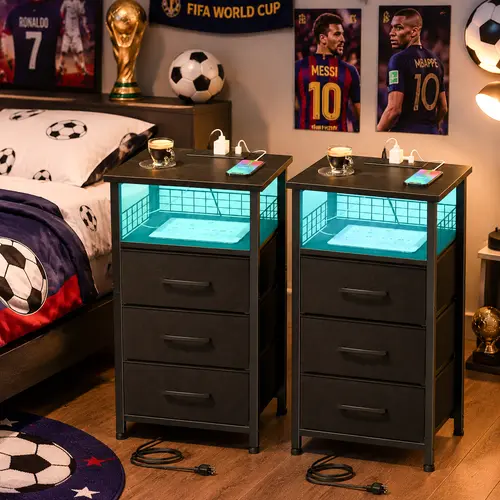 Bedside Table with Charging Station - Features a charging station and an app-controlled, adjustable LED light strip, with a storage shelf and 3 fabric-lined drawers. Suitable for living rooms and bedrooms, black (2-piece set)