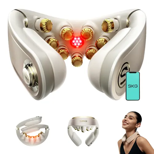 SKG Foldable Neck Massager for Pain Relief Deep Tissue Vibration Cordless Travel Massager,Portable 3D Neck Massager for Office Home Car Travel Gold Titanium Neck Massager 3.0 Valentine Gifts,back to school,back to school haul