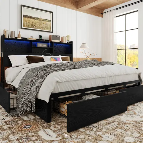 Belffin Queen Size Bed Frame - Heavy Duty Wooden Platform Bed with 6 Spacious Underbed Drawers, LED RGB Mood Lighting, USB Port Charging Station, Easy Setup, Vintage Black Modern Bedroom Furniture, Affordable Gift [TikTok Shop Back to School], Bed Frames
