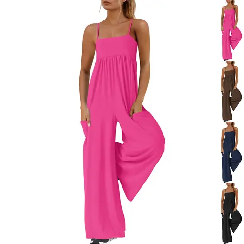 Buenoble Women’s Casual Wide Leg Jumpsuit Sleeveless Spaghetti Strap Romper Loose Fit Flowy Overalls with Pockets Summer Lounge One Piece Outfit