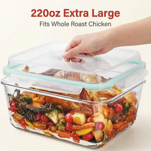 【New Arrival】Vtopmart 6.5L Extra Large and 18 Pack Combo Glass Food Storage Containers with Snap Airtight Lids for Roasting Turkey, Chicken, Baking Casserole, Fruits, Party, BPA Free, Oven Safe, Freezer, Dishwasher,summerwins