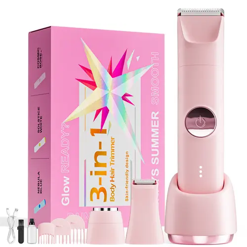 Women's 3-in-1 Trimmer and Shaver, Painless Precision Body Hair Shaver with Hypoallergenic Ceramic Blade, IPX6 Waterproof for Wet & Dry Use, Rechargeable Battery with 120 Mins Runtime, 3 Combs for Smooth Shave, Painless Precision Shaver