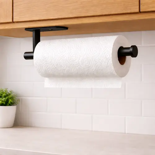 Stainless Steel Black Paper Towel Holder - Self-Adhesive or Drilling Installation, Smooth Metal Design with Water-Proof Pad, Under Cabinet/Wall Mount for Kitchen, Bathroom