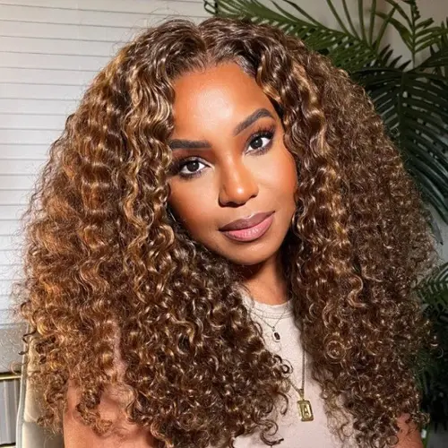 UNice Women's Pre-Everything Brown Piano Highlight Water Wave Human Hair Wig, 13x4 Glueless Lace Frontal, 180% Density Drawstring, Heat-Resistant, Beginner-Friendly, Wigs Human Hair