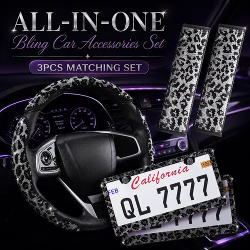 Queen’s Land Leopard Bling Sparkly Car Accessories Set with Crystal Rhinestones, Girly Car Decor Steering Wheel Cover, License Plate Frame, Seat Belt Pads, Car Accessories for Women Gift