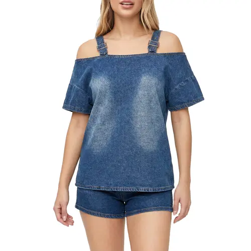 Fisoew Women's Off-Shoulder Short-Sleeve Denim Top - Adjustable Buckle Strap, Loose Fit, Retro Vintage Streetwear Blouse, Machine Washable, Summer Vacation Casual Outfit, Shortsleeve, Adjustable Strap