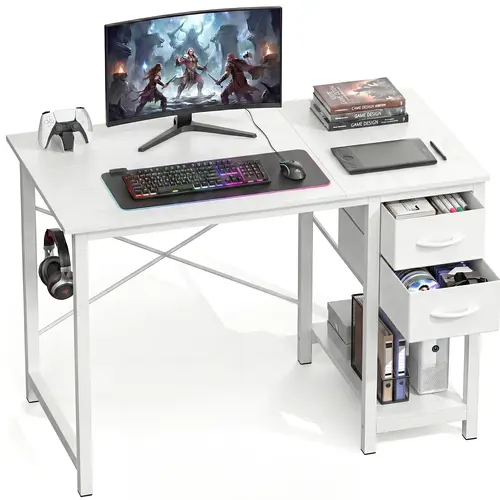 Sweetcrispy Durable Desks & Workstations - Computer PC Desk for WFH Life, Work and Play, Study Space, Bedroom, Home Office with Drawers, X-Shaped Reinforcement, Sturdy Metal Frame, Side Hook, Modern Design