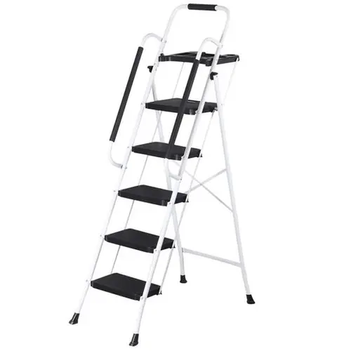 Folding Q195 Steel Ladder (3/4/5-Step) - Non-Slip Wide Pedal Step Stool, Soft Foam Handrails, Tool Tray Ready, Tool-Free Assembly, Compact Storage, 330lb Capacity, High Shelf Reach for Home Improvement, Office Use