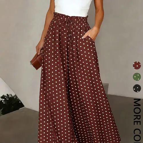 Spring Summer Retro Polka Dot High Waist Wide Leg Pants, Loose Fit Flowy Slimming Versatile Casual Commute Long Trousers
