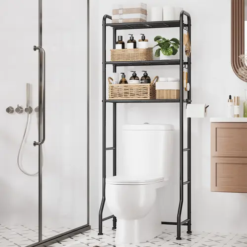 3-Tier Freestanding Metal Over-the-Toilet Storage Rack - Bathroom Organizer with Toilet Paper Holder, Hooks, Organizing Accessories, Small Room Organization Products, Space Saver for Vertical Space Household Items