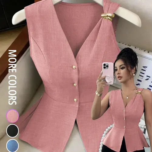 [Mother's Day]Women's Fashion V-Neck Waist-Cinch Sleeveless Top, Casual Comfy Camisole Tank Tops, with Metal Decor, Perfect for Daily Commute, Dates, Casual Shopping, Outdoor Activities