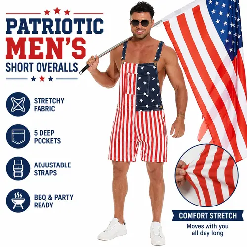 250th Anniversary 4th of July American Flag Overalls for Men – Stretchy Denim Romper Memorial Day Coveralls – Patriotic Gifts for Couples – Father’s Day Workwear Summer Jumpsuit