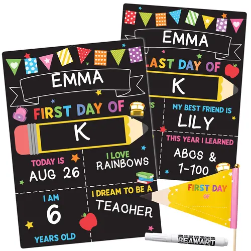 BEAWART First Day of School Black Sign Board, 10x14 Double-Sided First & Last Day Chalkboard Sign, Reusable Back to School Photo Prop For Preschool Kindergarten Kids, Includes Pencil Flag & White Chalk Marker