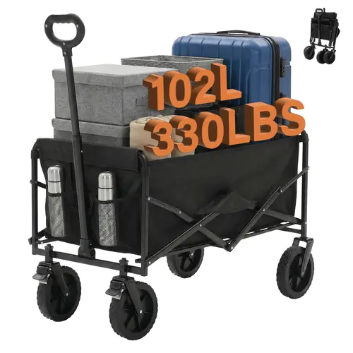 Collapsible Folding Wagon - Oxford Cloth Quick Fold Utility Cart, 102L Large Capacity 330 lbs Heavy Duty Foldable Shopping Cart with Wheels & Flexible Handle for Outdoor Camping, Grocery