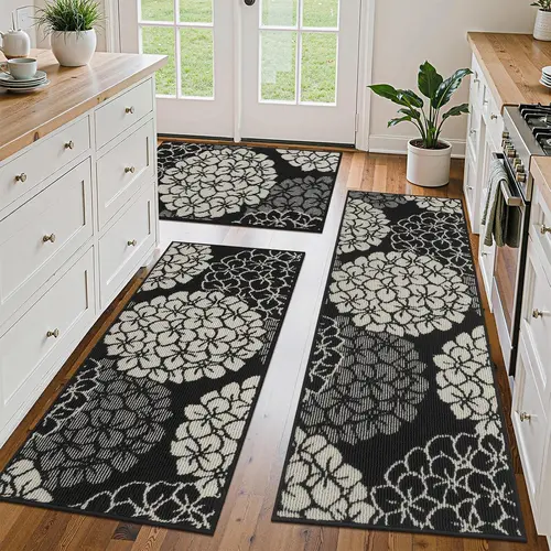 [Back to School] HEBE 3-Piece Set Washable Kitchen Rugs, 20"x59" Counter Run, Non-Slip Quick-Dry Absorbent Fade-Proof Fabric Rugs, Soft Machine-Washable Farmhouse Mats for Kitchen, Laundry