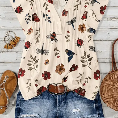 Plus Size Women's Floral Print Short-Sleeve V-Neck Button Blouse, Loose Fit Y2K Summer Bohemian Top with Nature-Inspired Pattern Detail, Comfortable Stylish Shirt for Daily and Party Wear