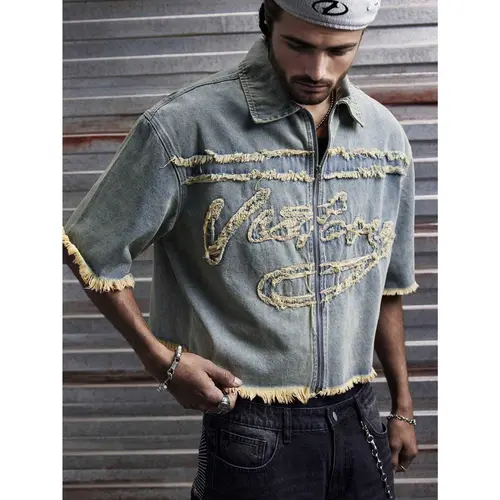 Men's High Cotton Frayed Letter Embroidery Denim Shirt Jacket, Vintage Washed Cropped Zip‑Up Short Sleeve Top, Streetwear Y2K Casual Outerwear for Men