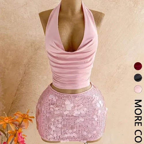 Elegant Party Set Top & Sequin Rhinestone Mini Skirt, 2-Piece Ensemble Outfit for Special Occasions