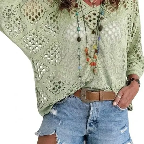 Phefee Women's Chic Aesthetic 2-Piece Cotton Pant Set - 100% Eyelet Crochet V-Neck Hollow-Out Sleeved Knit Pullover, Geometric Design, Bikini Cover-Up (Denim Leggings Compatible, Note: 1 size smaller fits better)