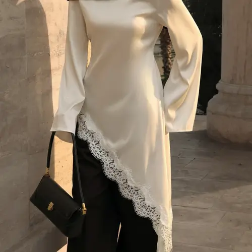Muslim Patchwork Maxi Dress Women Long Sleeve Abaya Elegant Modest Kaftan Dresses Lace Trim Color Block Dress Islamic Dubai Turkey Style Loose Fit Evening Party Maxi Dress Ramadan Eid Clothing for Women