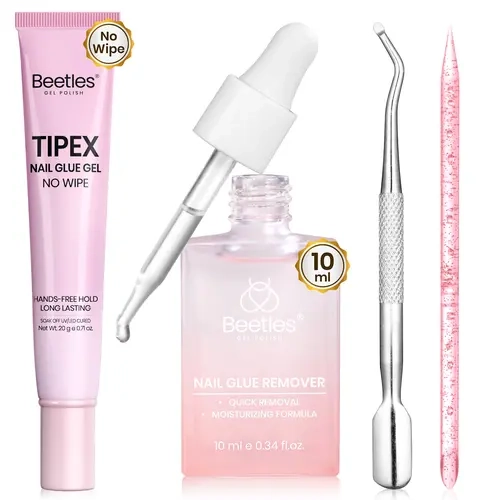 Beetles Nail Glue & Remover Kit - 20g No Wipe Hands-Free Nail Glue Gel for Tipex Soft Gel Nail Tips, Clear Press On Nails, Glass Dropper Nail Remover with Cuticle Pusher & Nail Stick DIY Home Manicure