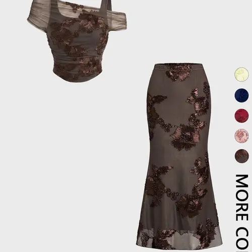 Women's Spring Summer Mesh Floral Embroidered Waistcoat + Mermaid Long Dress Set, Elegant Party Gown, Light Mature Style, 2-Piece, Chic Elegant Fitted