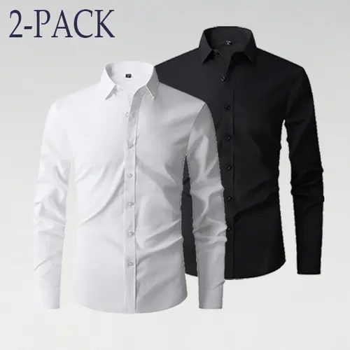 Men's Oxford Dress Shirts 2-Pack, Wrinkle-Free Long Sleeve Plain Button-Down for Business and Casual Wear, Longsleeves