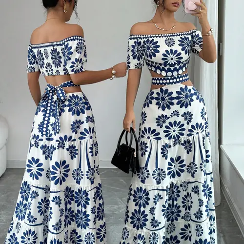 Women's Floral Off-Shoulder Short Sleeve Hollow Out Waist Fashion Dress, Tropical Vacation Women's Dress, Long Dress for Summer