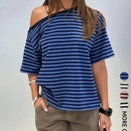 Women's Striped Off-Shoulder T-Shirt, Lightweight Casual Loose Fit Top, Comfortable Daily Wear, Trendy Summer Fashion
