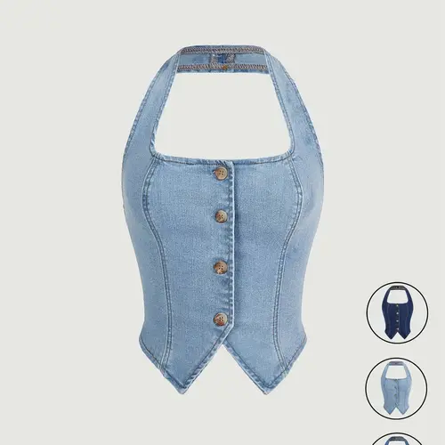 Women's Button Front Halter-Neck Backless Denim Top, Stylish Summer Fashion, Elegant Sleeveless Design, Comfortable & Trendy, Perfect for Casual Daily Wear