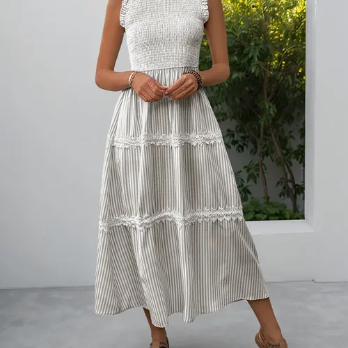 Women's Summer Daily French Resort Style Stripe Smocked Lace Patchwork Ruffled Mock Neck Dress Home Outdoor City Regular Trendy Casual Elegant Youthful Simple Versatile Textured Stylish Literary Chic Striped Aesthetic Casual wear Lady Womenswear Everyday