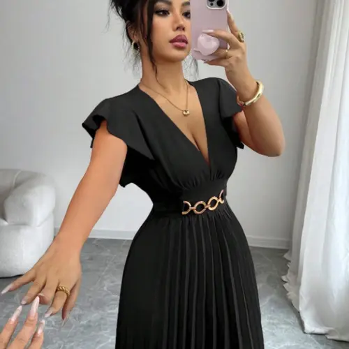 New V Neck Ruffle Sleeve Solid Color Metal Button Design Dress, Elegant Chic Formal Wear Fashion for Young Women, Perfect for Parties and Cocktail Events, Dress Up Gown