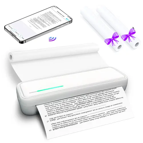 Portable A4 Thermal Printer, Wireless Inkless Printer for Home Office & Study, Mobile Phone Compatible Document & Photo Printer with 1 Built in Roll + 2 Bonus Paper Rolls