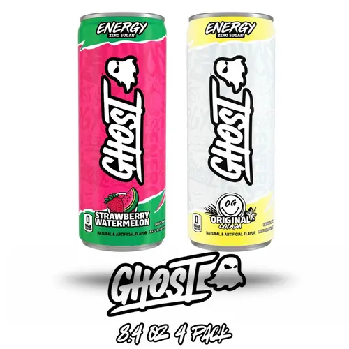 GHOST Vegan Sugar-Free Energy Drink - Ready-to-Drink 4-Pack 8.4 fl oz Cases, Low Calories, Natural Carnipure L-Carnitine, Taurine, Natural Caffeine, Alpha-GPC, Chilled, Flavorful Boost for Adult Energy & Stamina