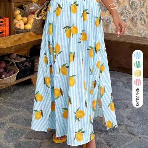 Women Summer Daily Mediterranean Resort Beach Boho Style Stripe Lemon Pattern A Line Swing Short Sleeve Collared Midi Skirt Casual Loose Fit Trendy Elegant Youth Minimalist Versatile Textured Temperament Literary For Home Outdoor City Wear Elastic