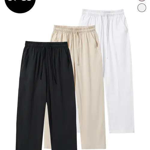 3-Pack Men’s Summer Linen/Cotton Straight-Leg Pants — Casual, Loose Fit, Versatile, Trendy Long Pants for Men