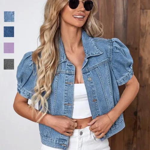 Women's Sweet Cool Style Bubble Sleeve Short Denim Button Jacket Coats, High Waist Design, Perfect for Summer Casual Outing and Vacation, Versatile Fashion Piece