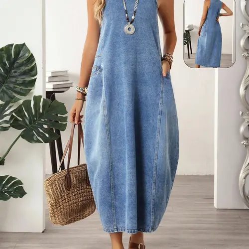 Women's Boho Style Denim Long Dress, Loose-Fit Sleeveless Design with Pockets, Perfect for Casual, Vacation & Summer Wear, Comfortable & Versatile