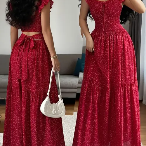 Women's Vintage All Over Print Square Neck Tie Back Ruffle Hem Dress, Backless Waist Cinch A-Line Dress, Elegant Summer Gown, Boho Vintage Dress, Boho Chic Style, Bohemian, Multiple Colors Available
