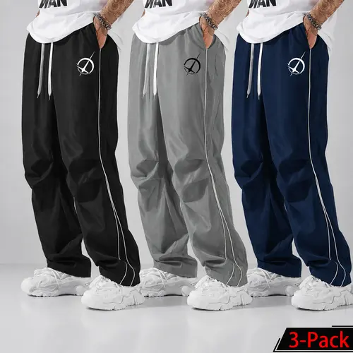 3-Pack Men’s Fashion Printed Jogger Pants with Side Stripes — Lightweight, Breathable, Soft, Waist-Cinching Casual Street Style Y2K Harajuku Long Pants, Comfortable for Daily Wear, Fitness, Running, Sports, Portable, Trendy, with Pockets