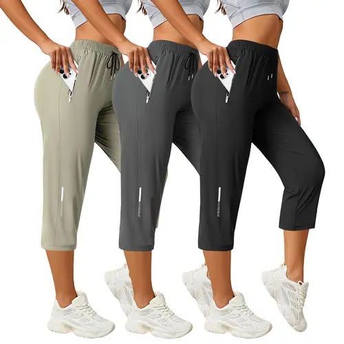 3-Pack Women’s Summer Ice Silk Three-Quarter Athletic Pants with Side Zipper for Phone Storage, High Stretch, Loose Fit, Quick Dry, Breathable Running & Fitness Pants