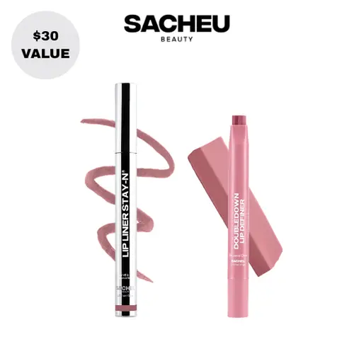 sacheu Line & Define Lip Duo - Lip Liner STAY-N & DoubleDown Lip Kit - Waterproof Peel-off Lip Stain + 2-in-1 K Beauty Lipstick