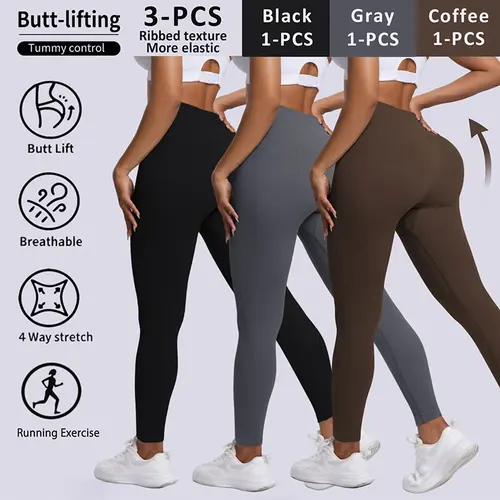 Women's 3-Piece Ribbed Seamless Active Wear Set - High Waist Butt-Lifting Tummy Control Anti-Cameltoe Quick Dry Sports Leggings for Yoga, Gym
