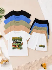 Boys' Racing Football Hawaiian Letter Print Sporty Design Short Sleeve Shorts Combo Set, Sport Clothing, Sporty Style Clothes, Comfortable Casual Fashion Kids Clothes, Ideal for Outdoor Daily Wear, Gift for Son