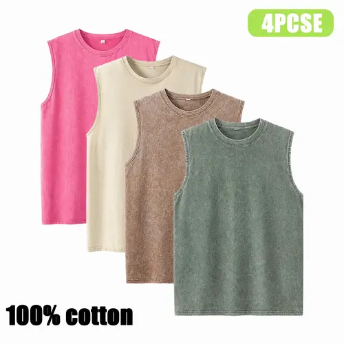 Men's 4-Piece Retro Washed Round Neck Sleeveless Tank Tops Set - Soft Muscle-Fit Loose Street-Style Vests, Retro Daily, Do Not Dry Clean, Ideal for Workouts, Casual Wear