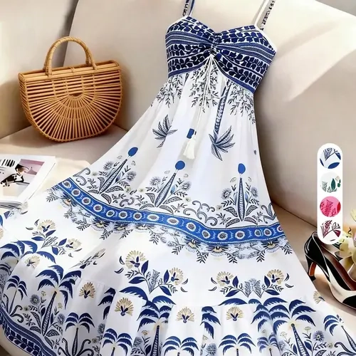 Boho Print Spaghetti Strap Sleeveless Dress, Front Knot Design, Blue Floral, Summer Beach, Casual Elegant Style, Womenswear
