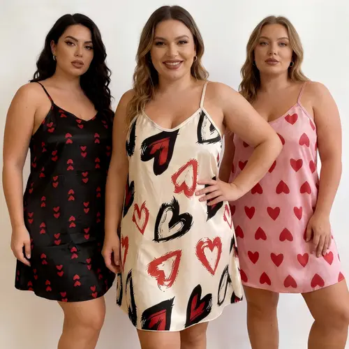 ZIZI SAUCE Women's Plus Size Clothes 3-Piece Heart Print Satin Set (1XL-4XL) - Adjustable Spaghetti Strap A-Line Night Gown, Casual Sleeveless Loungewear for Curvy Ladies, Stylish Women's Clothes,clothes for back to school,first day of school outfits