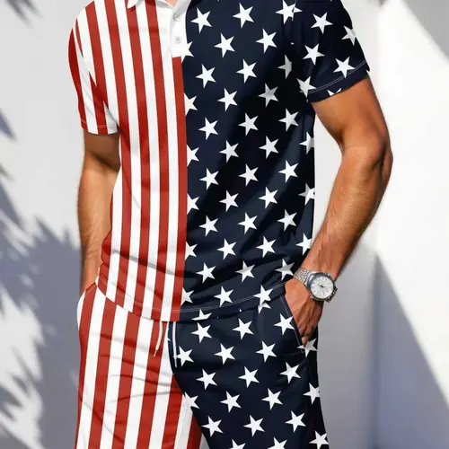 Men's Patriotic Festive 2-Piece Matching Outfit, American Flag Star & Stripe Print Breathable Polo Shirt and Shorts Set, Casual Summer 4th of July Streetwear Matching Sets Clothing Sets